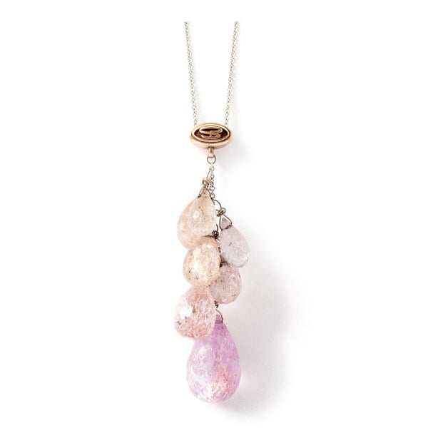 Necklace features morganite briolette drops cascade from a 14KT rose gold Shelly Purdy Signature slider on a 14KT white gold chain.