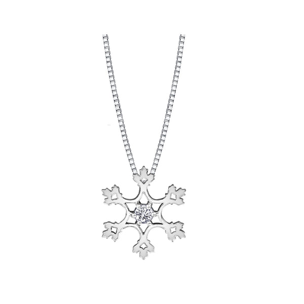 Crafted in 14KT white Canadian Certified Gold, this necklace features a small snowflake pendant with a round brilliant-cut Canadian centre diamond. 