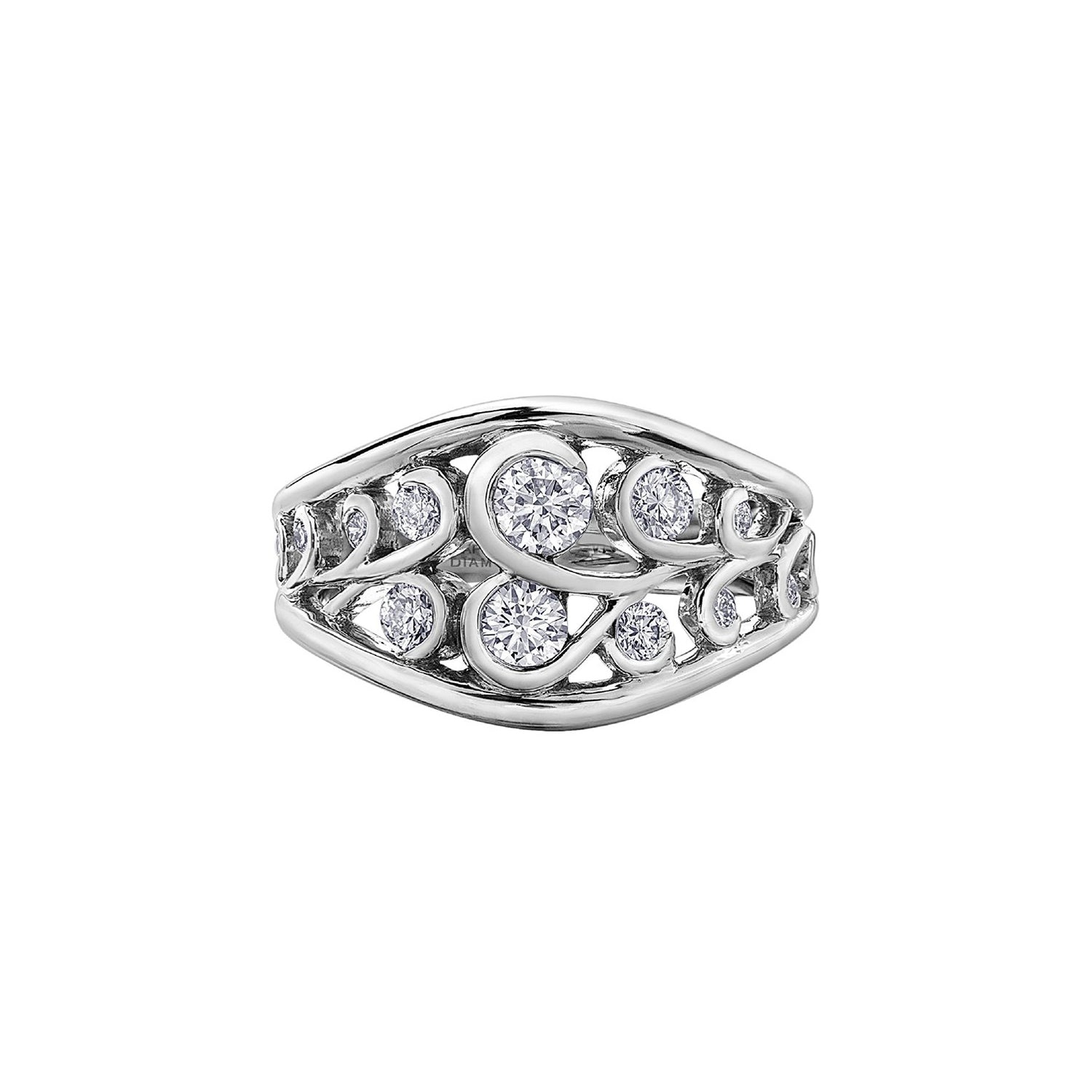 Crafted in 14KT white Certified Canadian Gold, this ring features swirl patterns set with round brilliant-cut Canadian diamonds. 