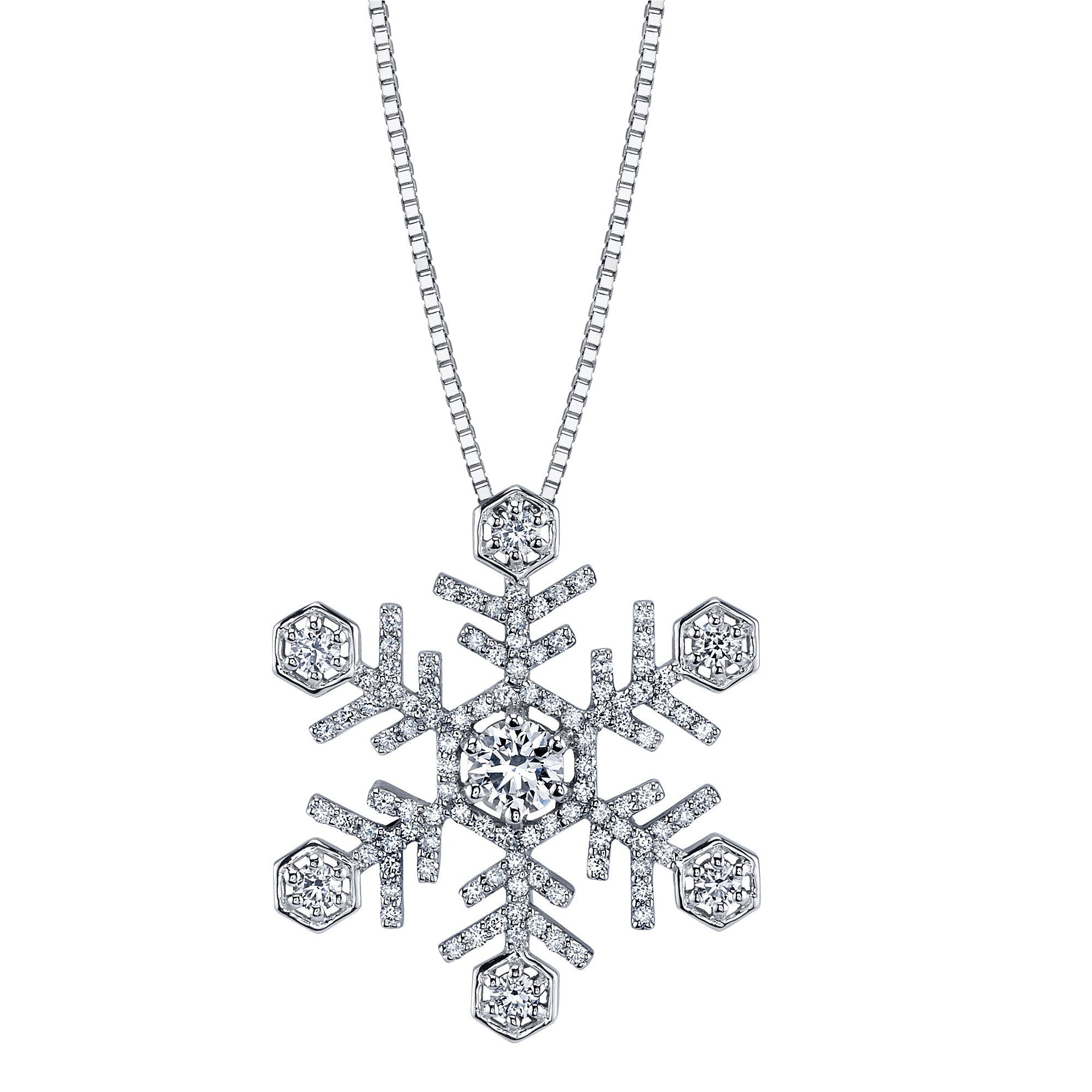Crafted in 14KT white Canadian Certified Gold, this necklace features a large snowflake pendant set with round brilliant-cut Canadian diamonds. 