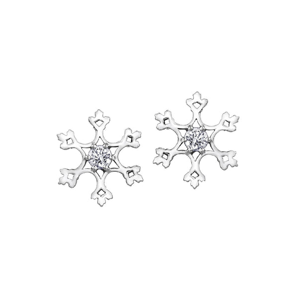Crafted in 14KT white Canadian Certified Gold, these snowflake stud earrings have round brilliant-cut Canadian centre diamonds.  
