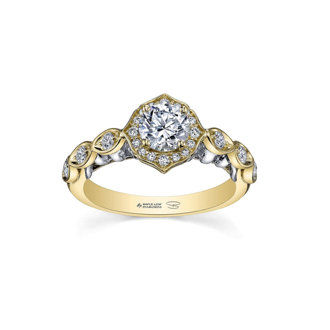 Crafted in 18KT yellow and white  gold, this lily of the valley flower-inspired ring is set with Canadian diamonds. 