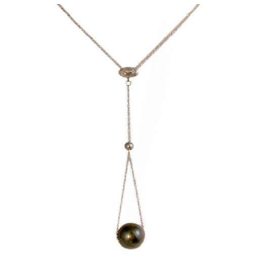 Necklace features two suspended tahitian pearls on a 14KT white gold necklace with a Shelly Purdy Signature slider. 