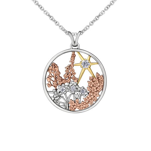 Crafted in 14KT rose, yellow and white Certified Canadian Gold, this pendant features flowers from the Territories set with round brilliant-cut Canadian diamonds