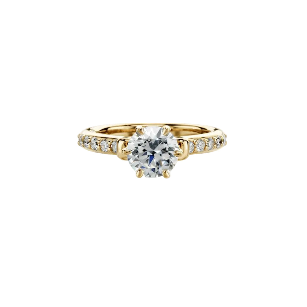 Crafted in 14KT gold, this engagement ring features a round brilliant-cut centre diamond on a diamond-set band. 