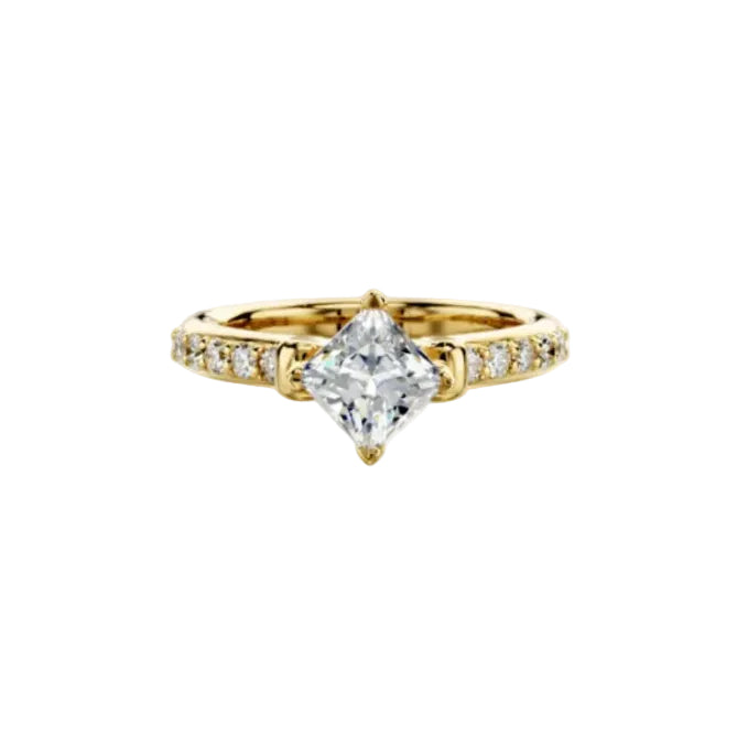 Crafted in 14KT gold, this engagement ring features a princess-cut centre diamond on a diamond-set band. 