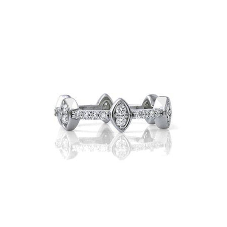 Crafted in 14KT white gold, this ring features 12 round brilliant-cut diamonds sparkling from 6 marquise settings spaced evenly apart on a diamond set band. 