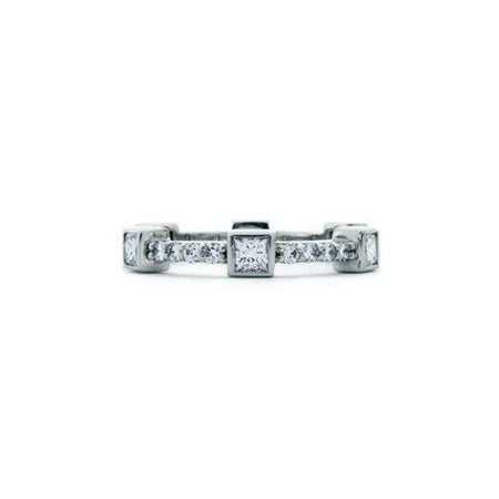 Crafted in 14KT white gold, this ring features six princess-cut diamonds evenly spaced apart on a diamond set band. 