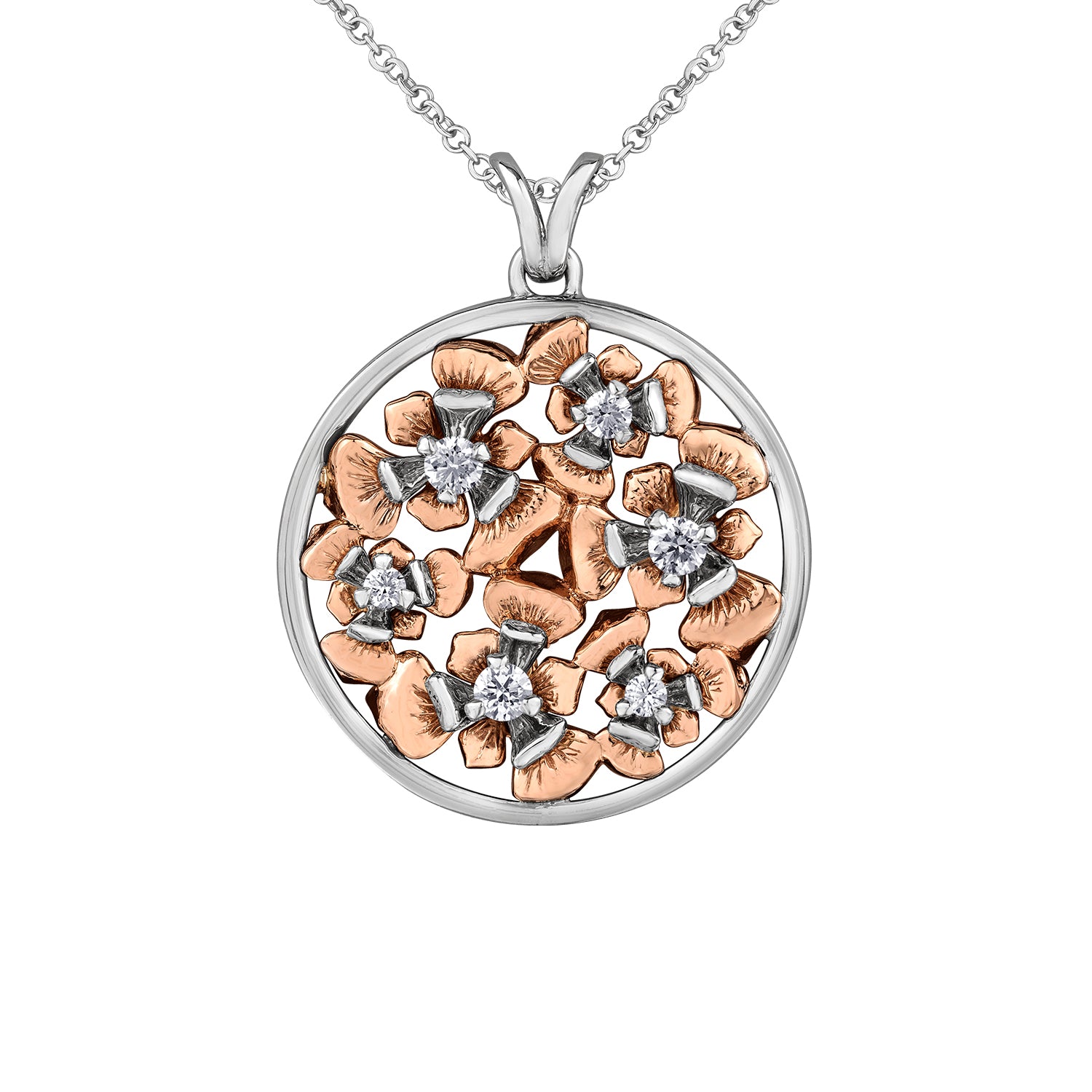 Crafted in 14KT rose and white Certified Canadian Gold, this pendant features Quebec blue flag iris flowers set with round brilliant-cut Canadian diamonds