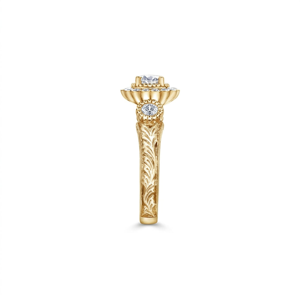 Crafted in 18KT white Canadian Certified Gold, this ring features a regal blue sapphire halo with a round brilliant-cut Canadian centre diamond on a frost-inspired hand engraved band. 