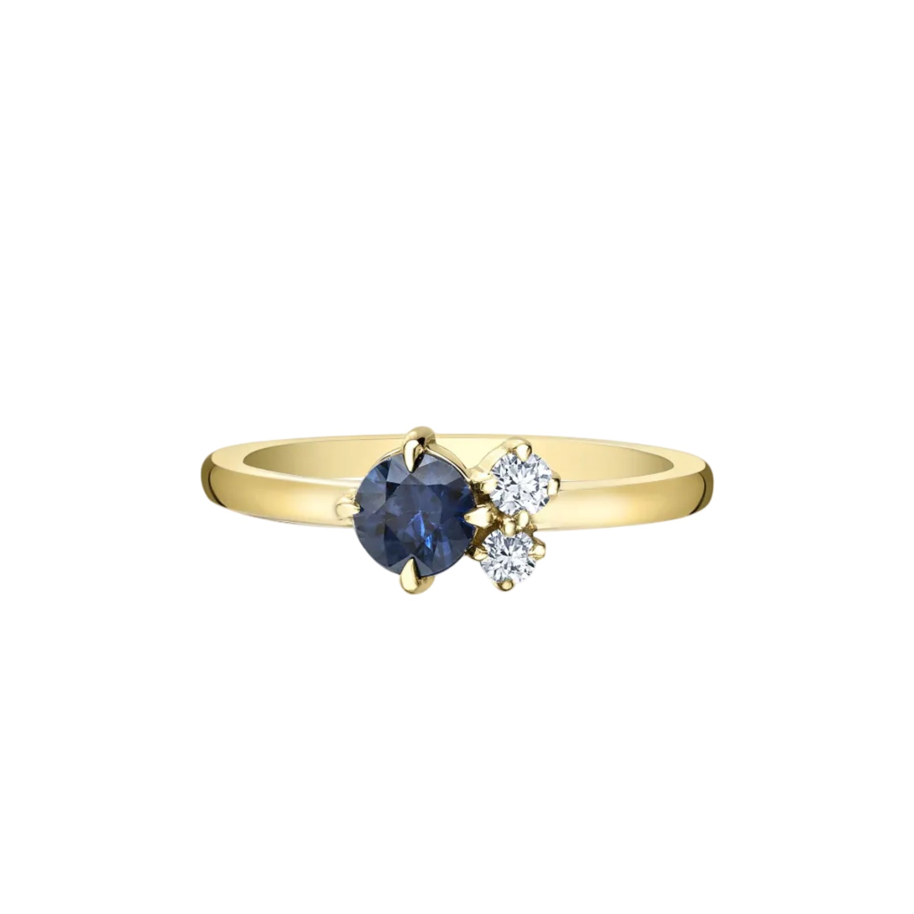 Crafted in yellow 14KT Canadian Certified Gold, this ring features a sapphire and two round brilliant cut Canadian diamonds.