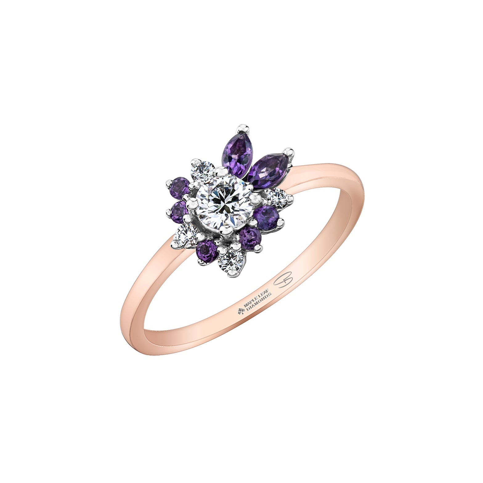 Crafted in 14KT Canadian Certified Gold, this diamond ring features a wildflower-inspired shape set with round brilliant cut Canadian diamonds and amethyst.