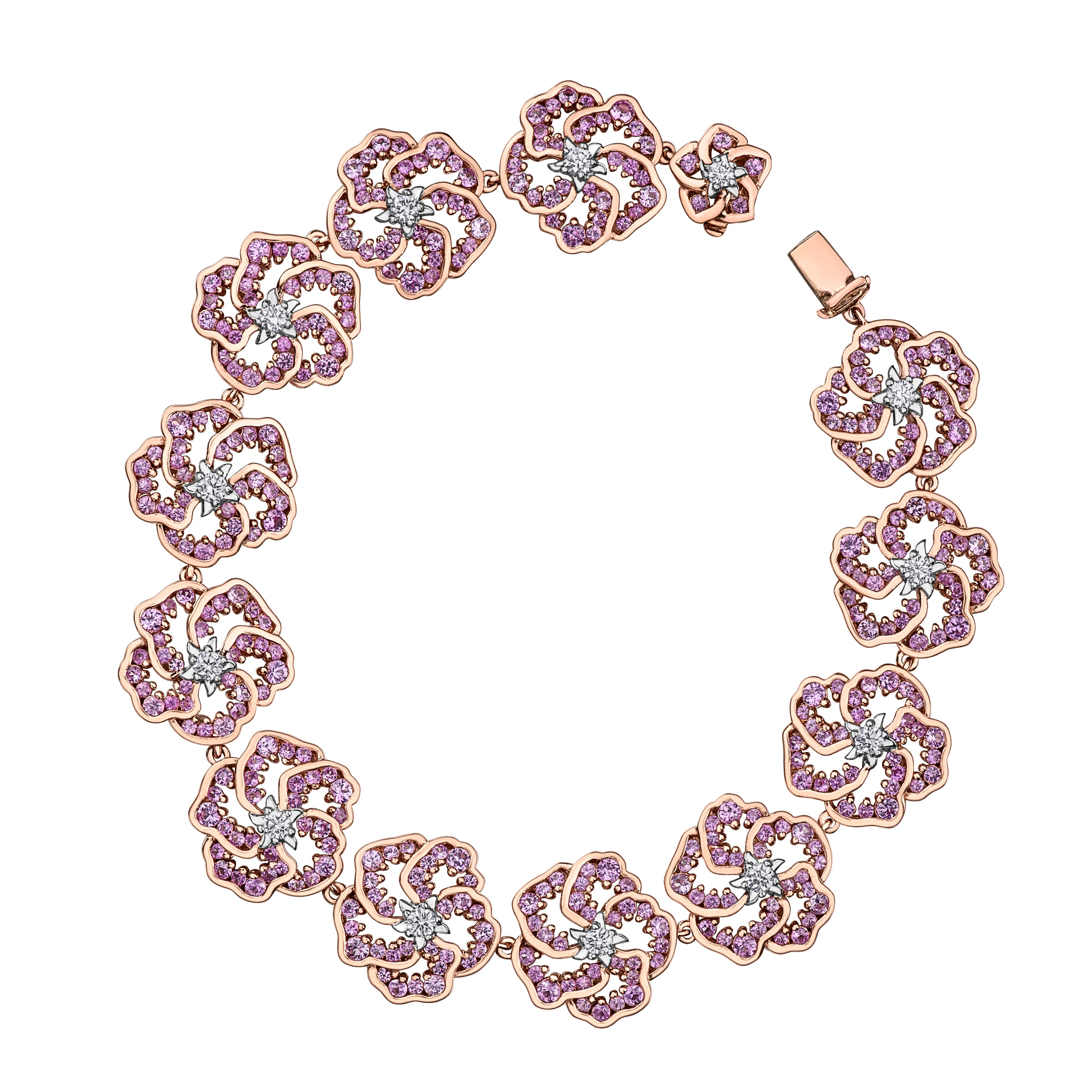Crafted in 14KT white and rose Certified Canadian Gold, this bracelet features wildflowers set with round brilliant-cut Canadian diamonds, amethyst and pink sapphires.