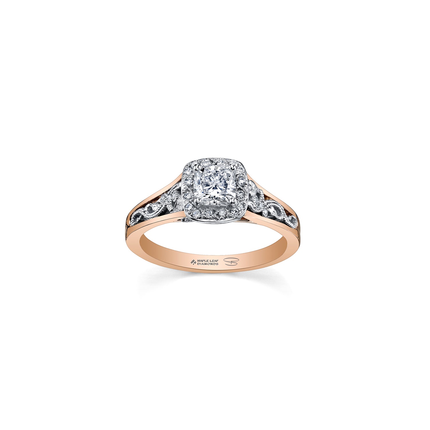 Crafted in 18KT white and rose Certified Canadian Gold, this engagement ring features a diamond halo with a cushion-cut Canadian centre diamond on a diamond set band with a rose vine design. 