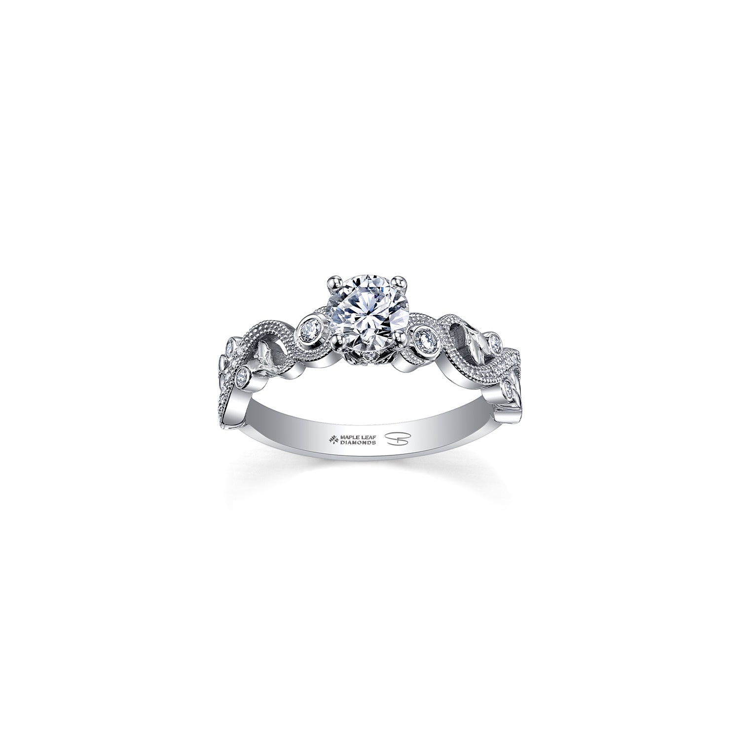 Crafted in white 18KT Canadian Certified Gold, this ring features a diamond set rose vine band cradling a round brilliant-cut Canadian centre diamond.