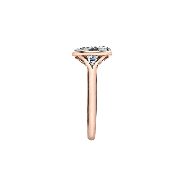 Crafted in rose and white 14KT Candian Certified Gold, this ring features a rose vine design set with round brilliant-cut Canadian diamonds in a frame setting. 