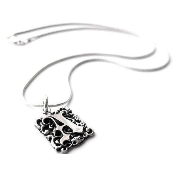 Crafted in sterling silver, this pendant features a goth style letter entwined in foliage.
