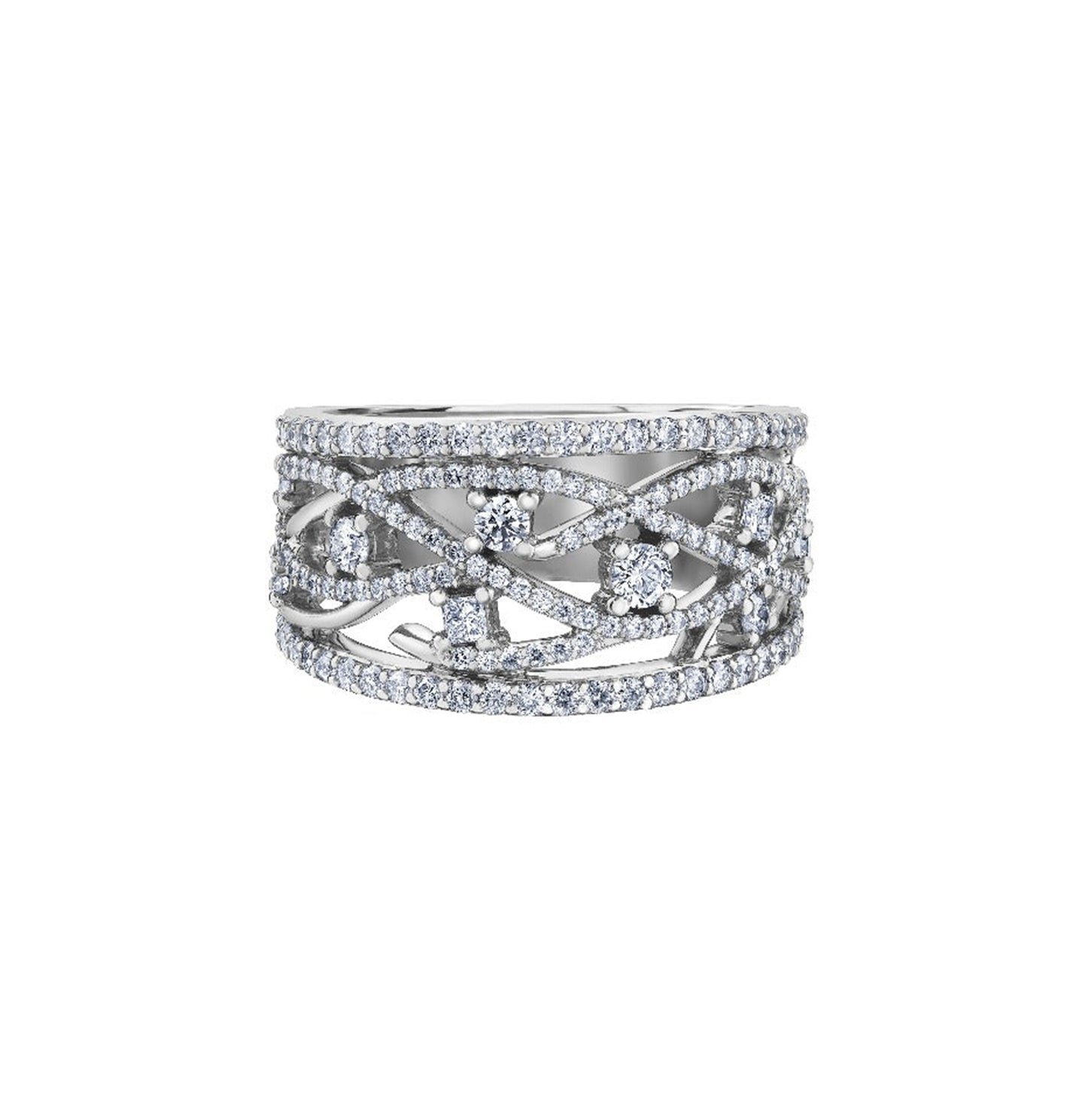 Crafted in 14KT white Certified Canadian Gold, this ring features a winter design set with round brilliant-cut Canadian diamonds.