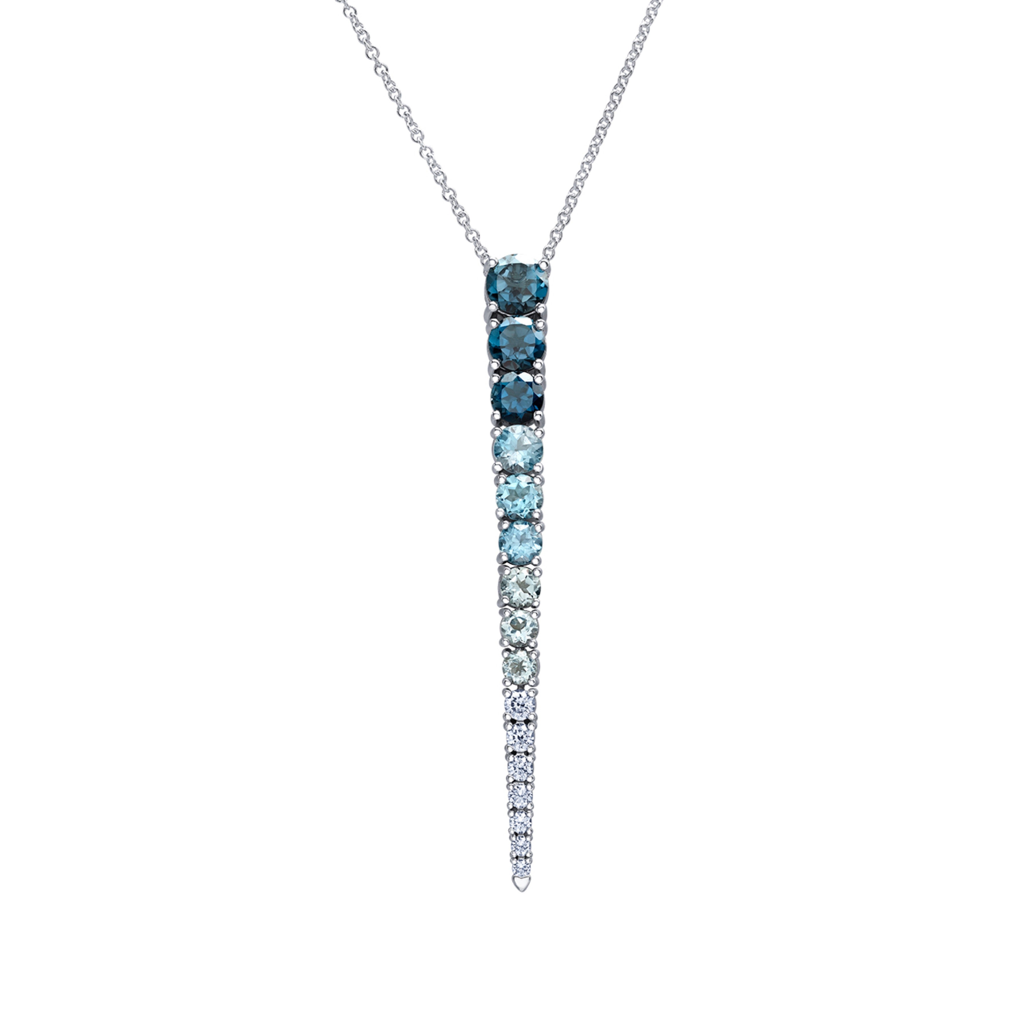 Crafted in 14KT white Certified Canadian Gold, this pendant features blue topaz and round brilliant-cut Canadian diamonds set in the shape of an icicle