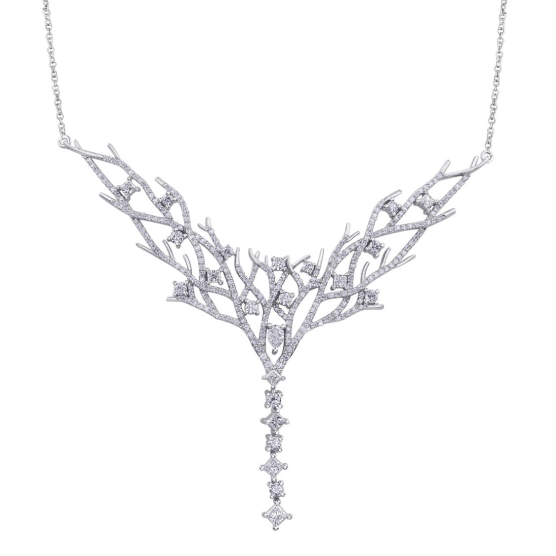 Crafted in 14KT white Certified Canadian Gold, this necklace features a winter branch design set with round brilliant-cut Canadian diamonds.