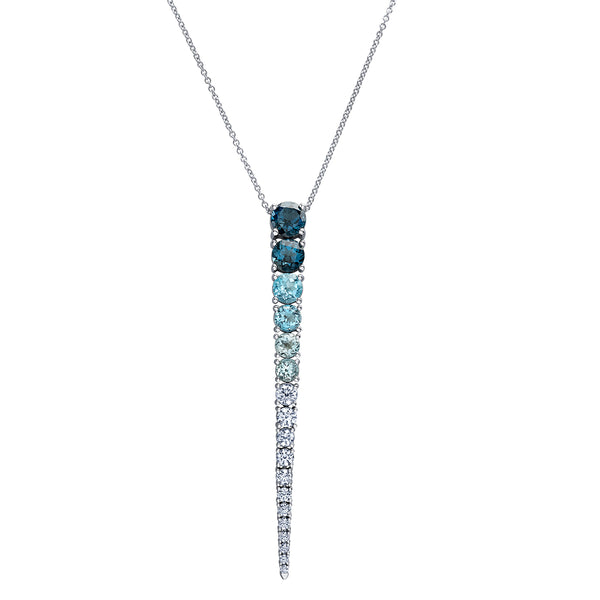 Crafted in 14KT white Certified Canadian Gold, this pendant features blue topaz and round brilliant-cut Canadian diamonds  set in the shape of an icicle