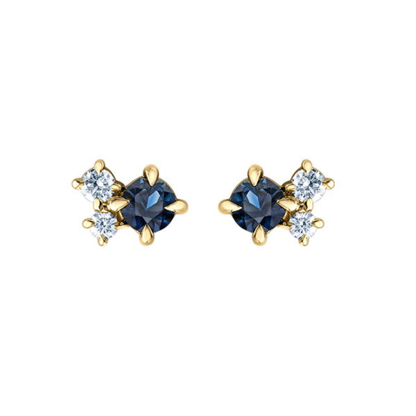 Crafted in yellow 14KT Canadian Certified Gold, these earrings feature a sapphire and two round brilliant cut Canadian diamonds.