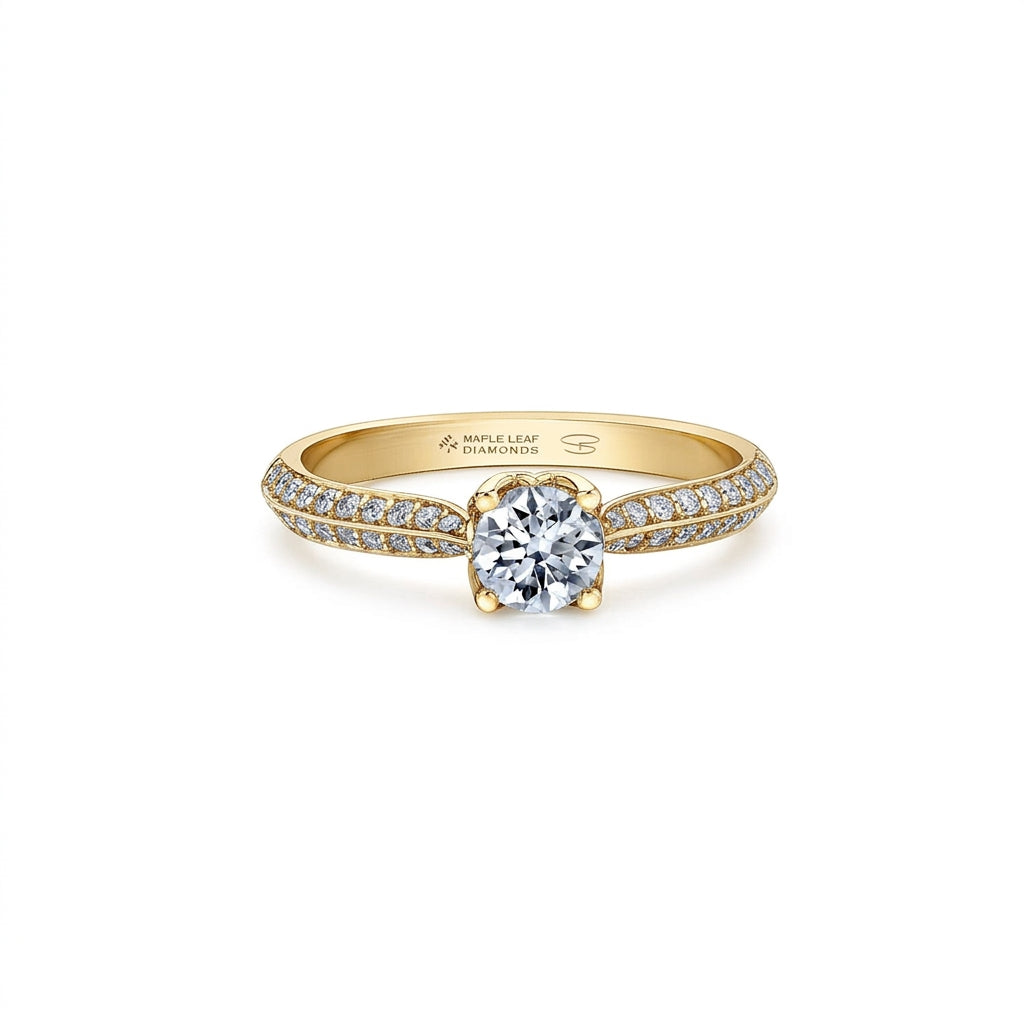 Crafted in 18kt Pure White™, this engagement ring features a round brilliant-cut Canadian diamond cradled by 4-petal water lily flower on a diamond set band. 