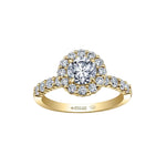 Crafted in 18KT Certified Canadian Gold, this ring features a diamond set band and halo with a round brilliant-cut Canadian centre diamond and hidden maple leaf details.