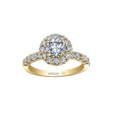 Crafted in 18KT Certified Canadian Gold, this ring features a diamond set band and halo with a round brilliant-cut Canadian centre diamond and hidden maple leaf details.