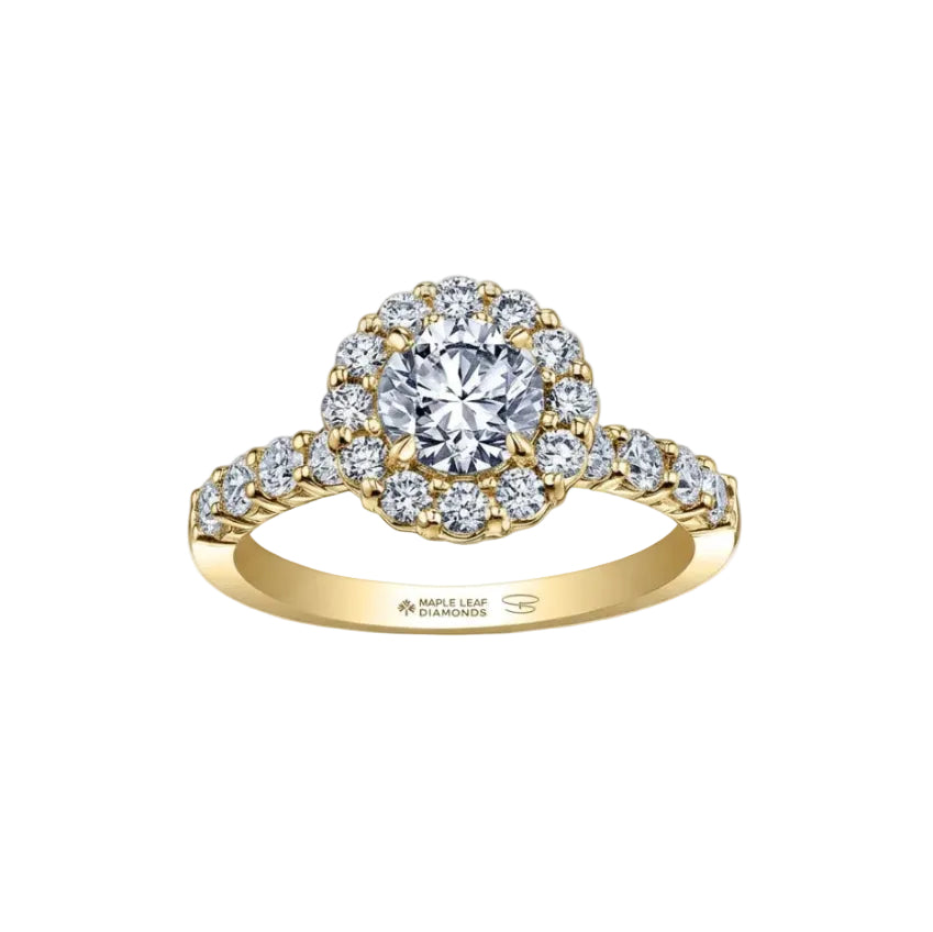 Crafted in 18KT Certified Canadian Gold, this ring features a diamond set band and halo with a round brilliant-cut Canadian centre diamond and hidden maple leaf details.