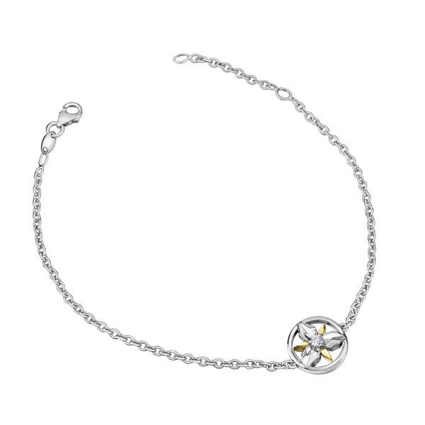 Crafted in 14KT white and yellow Certified Canadian Gold, this bracelet features an Ontario trillium flower set with a round brilliant-cut Canadian diamond