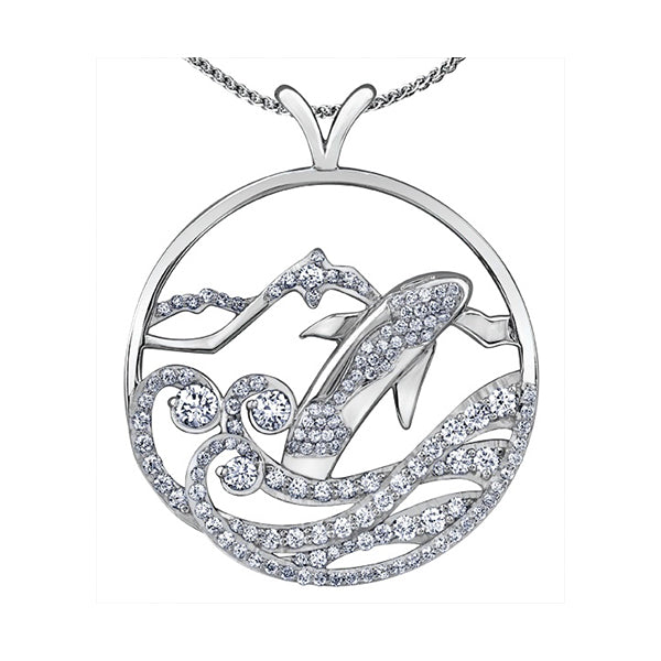 Crafted in white 14KT Canadian Certified Gold, this pendant features an orca set round brilliant cut Canadian diamonds