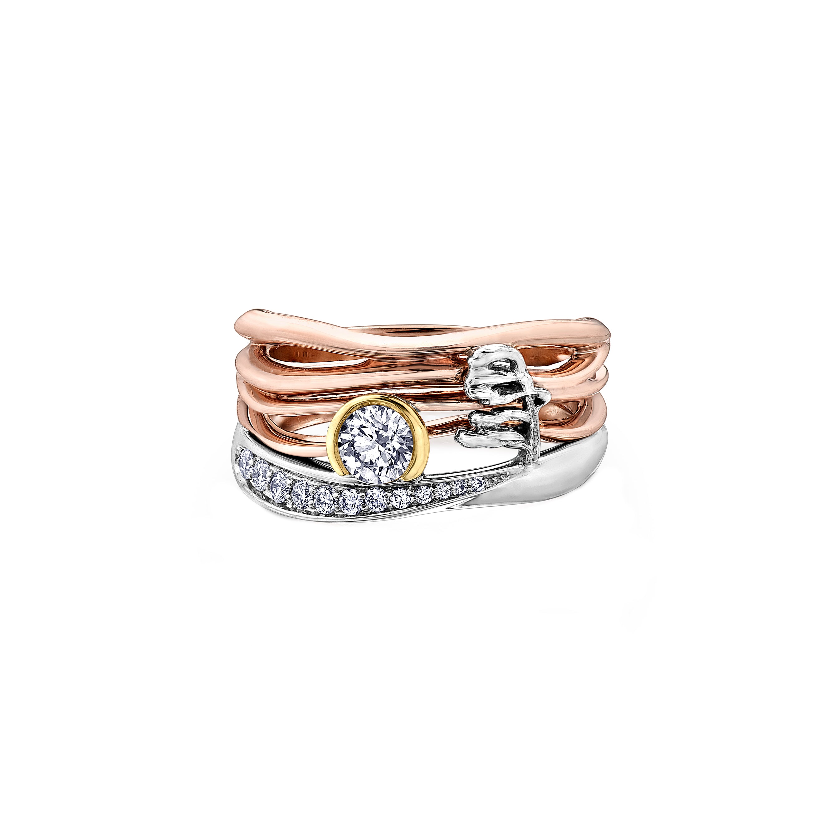 Crafted in 14KT rose, white, and yellow Certified Canadian Gold, this ring features a sunset scene with a round brilliant-cut Canadian diamond sun, diamond set lake, and Group of Seven inspired tree. 